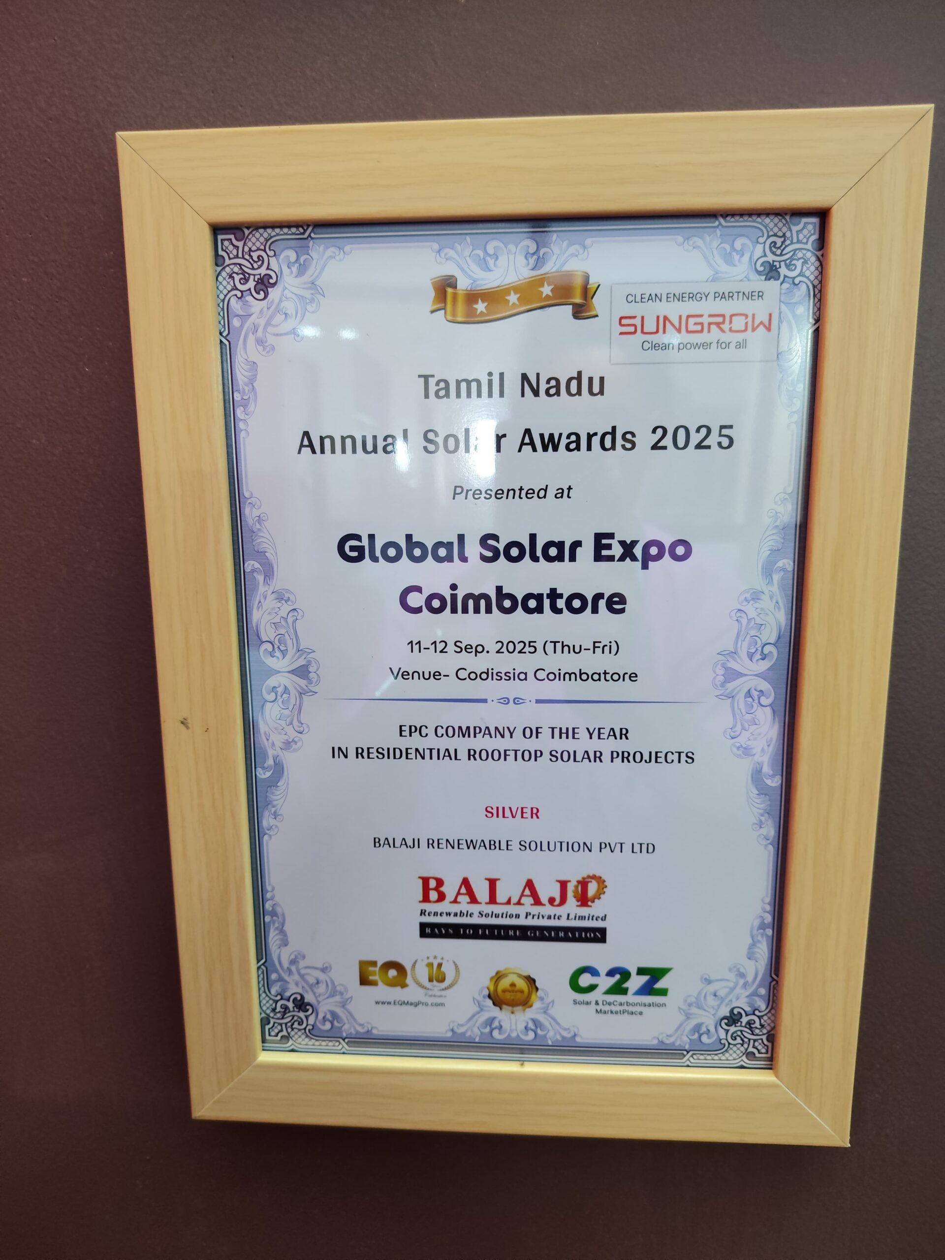 Best Residential EPC Award Global Solar Expo 2025 certificate