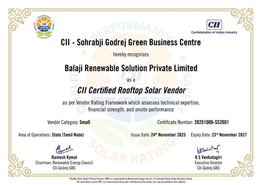 CII Certified Rooftop Solar Vendor certificate
